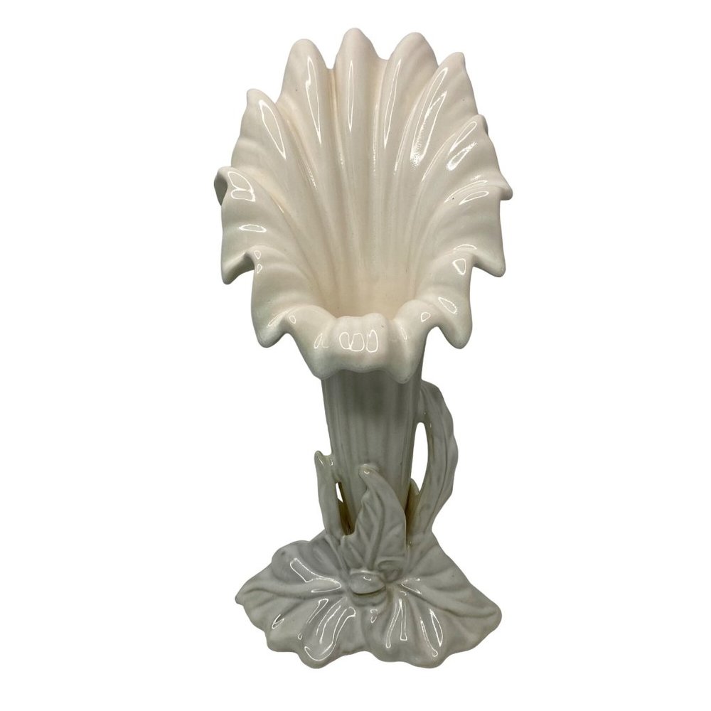 Art‎ Nouveau bud vase white ceramic iridescent glaze MCM flower calyx 14"